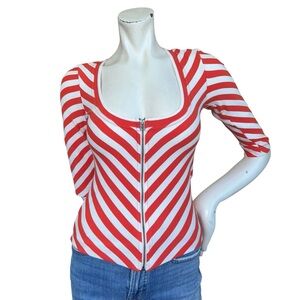 Anthropologie Maeve White Striped 3/4 Sleeve Scoopneck Front Zip Top Size XXS